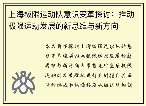 上海极限运动队意识变革探讨：推动极限运动发展的新思维与新方向